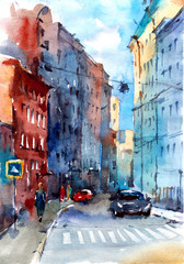City street view with houses and sky. Watercolor cityscape  architecture sketch.