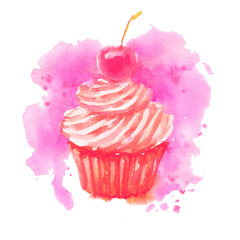 Cupcake with cherry and cream, muffin dessert. Watercolor illustration sketch on white background with paint splashes