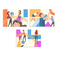 People Organizing Colorful Abstract Geometric Shapes Set, Men and Women Holding and Arranging Different Figures Vector Illustration