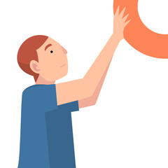 Young Man Holding and Organizing Abstract Curcular Geometric Shape Vector Illustration