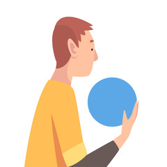Young Man Holding Blue Ball, Guy Organizing Circular Abstract Geometric Shape Vector Illustration