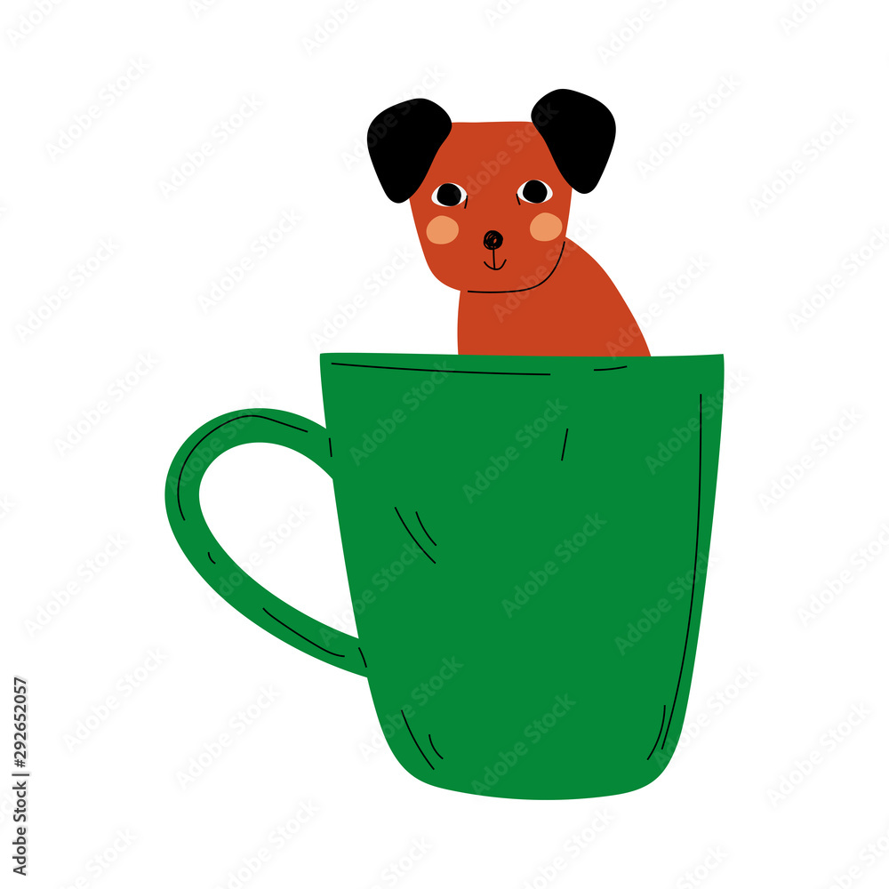 Poster cute dog in green teacup, adorable puppy animal sitting in coffee mug vectorcartoon illustration