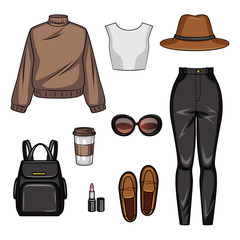 Color vector realistic illustration of women's casual clothing. Set of youth style of girl's clothing and accessories isolated from white background. Clothing, shoes, hat and accessories for the fall