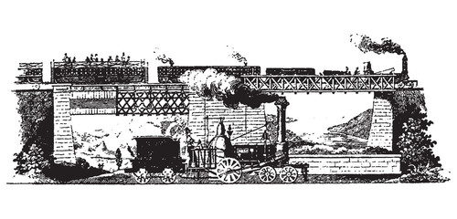 Vintage engraving of a people on train