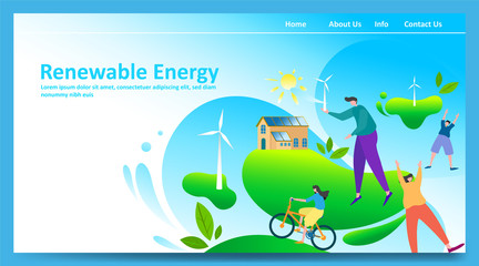 Green renewable energy concept with people or family parent kid. Boy girl are happy life on earth with clean energy from solar panels and wind generators, walking, playing, cycling in city. - Vector