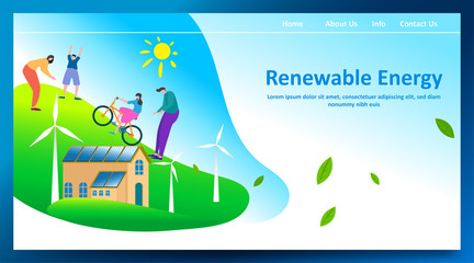 Green renewable energy concept with people or family parent kid. Boy girl are happy life on earth with clean energy from solar panels and wind generators, walking, playing, cycling in city. - Vector