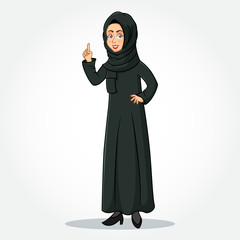 Arabic Businesswoman cartoon Character in traditional clothes pointing up index finger gesture to copy space isolated on white background