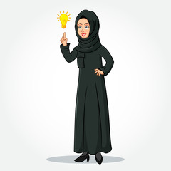 Arabic Businesswoman cartoon Character in traditional clothes pointing up to the bright idea bulb as a symbol of having an idea. isolated on white background