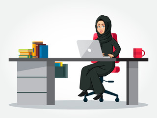 Arabic Businesswoman cartoon Character in traditional clothes sitting at her desk with laptop isolated on white background