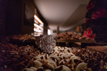 Bruges candy shop and variety of chocolates. blur view