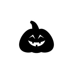 Pumpkin Icon with stem and evil face. Halloween sticker isolated on white. Vector illustration.
