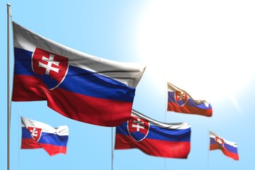 pretty 5 flags of Slovakia are waving against blue sky illustration with soft focus - any occasion flag 3d illustration..