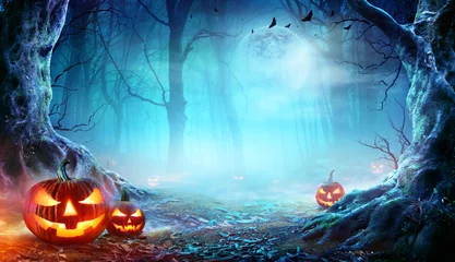 Muurstickers Jack O’ Lanterns In Spooky Forest At Moonlight - Halloween © Romolo Tavani