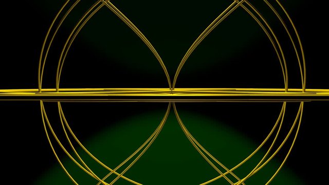 Spatial spherical body, designed from gold wire, rotating about horizontal axis and making kaleidoscopic ornaments on black background with green light. Fantasy mysterious animation. Full HD quality