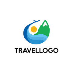 Travel logo concept. Plane circling the mountain.