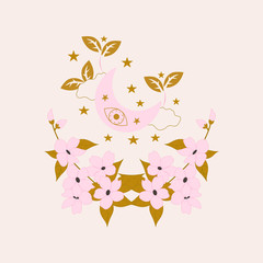 Cute pink celestial elements and flowers, illustration