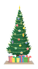 Tall beautiful Christmas tree with garland and Christmas tree toys and gifts. Christmas flat vector illustration.