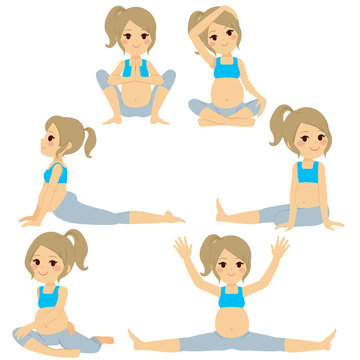 Young blonde beautiful pregnant woman set poses collection training and exercising