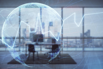 Forex chart hologram with map and minimalistic cabinet interior background. Double exposure. International business concept.