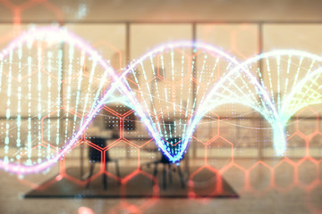 DNA hologram with minimalistic cabinet interior background. Double exposure. Education concept.