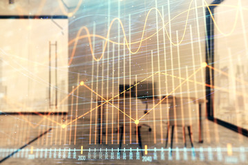 Forex chart hologram with minimalistic cabinet interior background. Double exposure. Stock market concept.