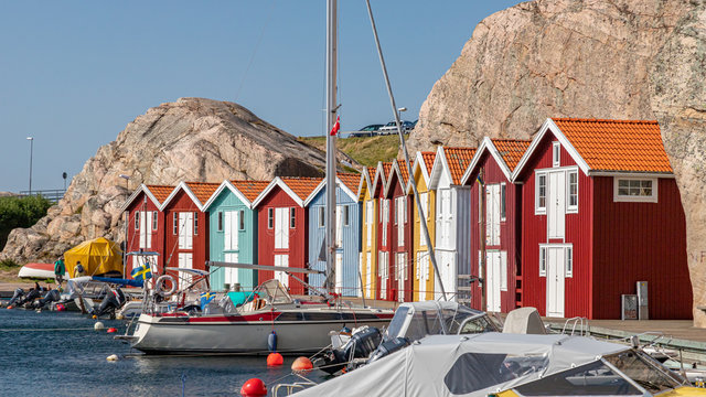 Colorful Waterfront and Traditional Boathouses in Sm&ouml;gen, Sweden