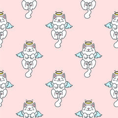 Seamless pattern with cute angel cats on pink background. Vector 8 EPS.