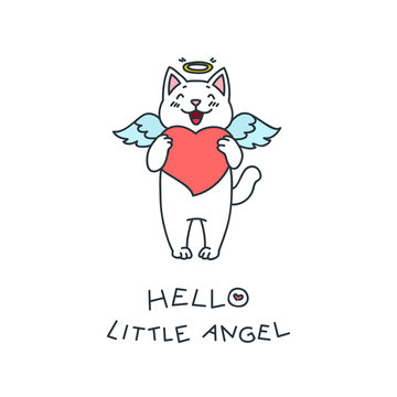  Hello little angel. Kawaii illustration of a angel cat with a heart in his paws. Vector 8 EPS.