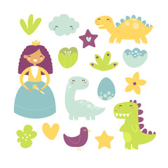 Kids patches, pins, badges, stickers, cards, t-shirt print. Set of cartoon flowers, birds, princess, stars, hearts, cloud, dinosaurs and dragons with smile. Flat design, white isolated