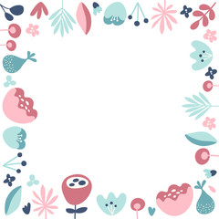 Obraz premium Flowers and plants square frame. White background isolated. Pink, blue. Flat design. Vector illustration. Place for text 