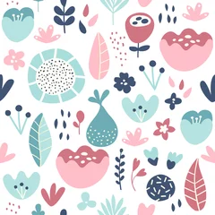 Fototapeten Floral pattern with flowers and plants. Cartoon modern illustration. Seamless background. Flat design. White isolated © Marina