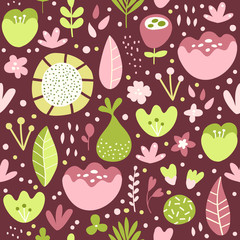 Vector seamless nature texture. Pattern with cartoon plants and flowers. Dark background isolated. Flat design. Square format.