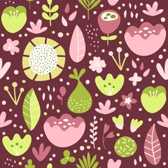 Zelfklevend Fotobehang Vector seamless nature texture. Pattern with cartoon plants and flowers. Dark background isolated. Flat design. Square format. © Marina