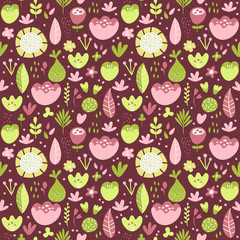 Vector seamless nature texture. Pattern with cartoon plants and flowers. Dark background isolated. Flat design. Square format.