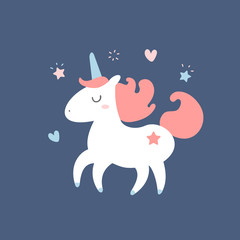 Cute unicorn. Vector cartoon illustration. Magic creature. Dark background isolated. Flat design, trendy style. Unicorn character