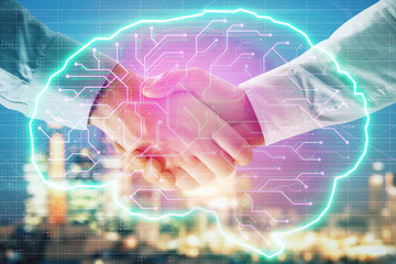 Double exposure of human brain drawing on city view background with handshake. Concept of brainstorm