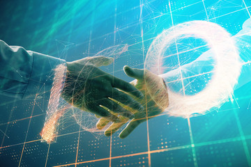 Multi exposure of bitcoin sign on abstract background with two men handshake. Concept of...