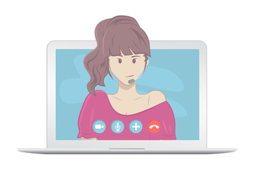 Video chatting online on laptop. Isolated on a white background