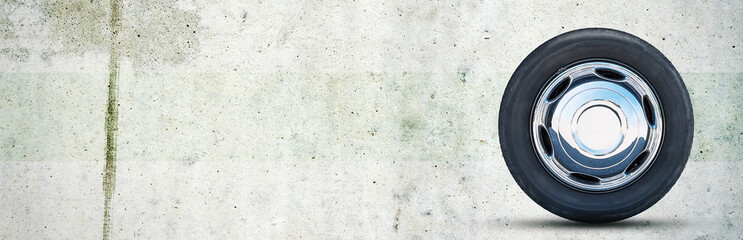 Car wheel on gray concrete background. Copy space. Transport. Spare parts.