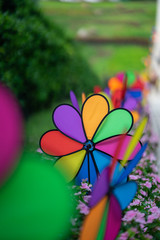 Colourful rainbow pinwheel in the park.