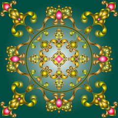 Illustration in stained glass style with abstract  swirls,flowers and leaves  on a green background, square image