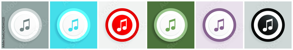 Poster music icon set, colorful flat design vector illustrations in 6 options for web design and mobile app
