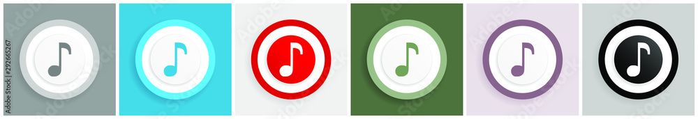 Poster music icon set, colorful flat design vector illustrations in 6 options for web design and mobile app