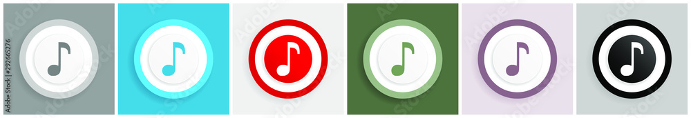 Poster music icon set, colorful flat design vector illustrations in 6 options for web design and mobile app