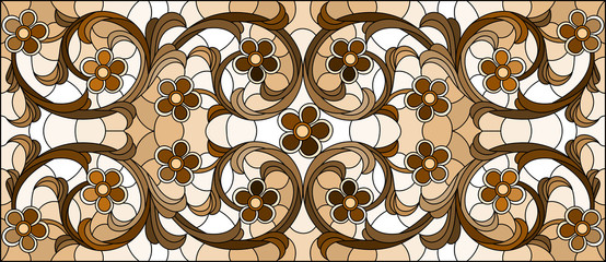 Illustration in stained glass style with abstract flowers, swirls and leaves  on a light background,horizontal orientation, sepia