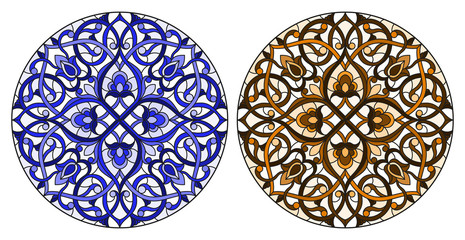 Set of illustrations in stained glass style with round floral arrangements, blue and brown