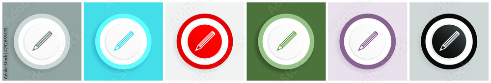 Aufkleber Pencil icon set, colorful flat design vector illustrations in 6 options for web design and mobile applications