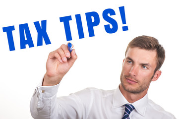 Text on image with businessman: TAX TIPS!