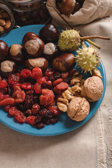 Dried autumn fruits and dehydrated red berries