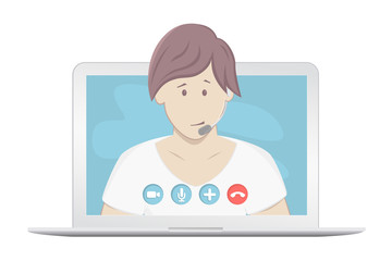 Video chatting online on laptop. Isolated on a white background